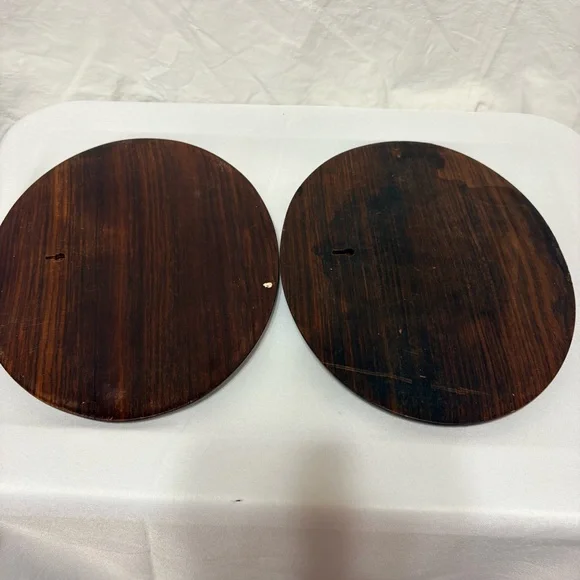 Vintage Indian rosewood wall art plaques with intricate bone inlay designs.